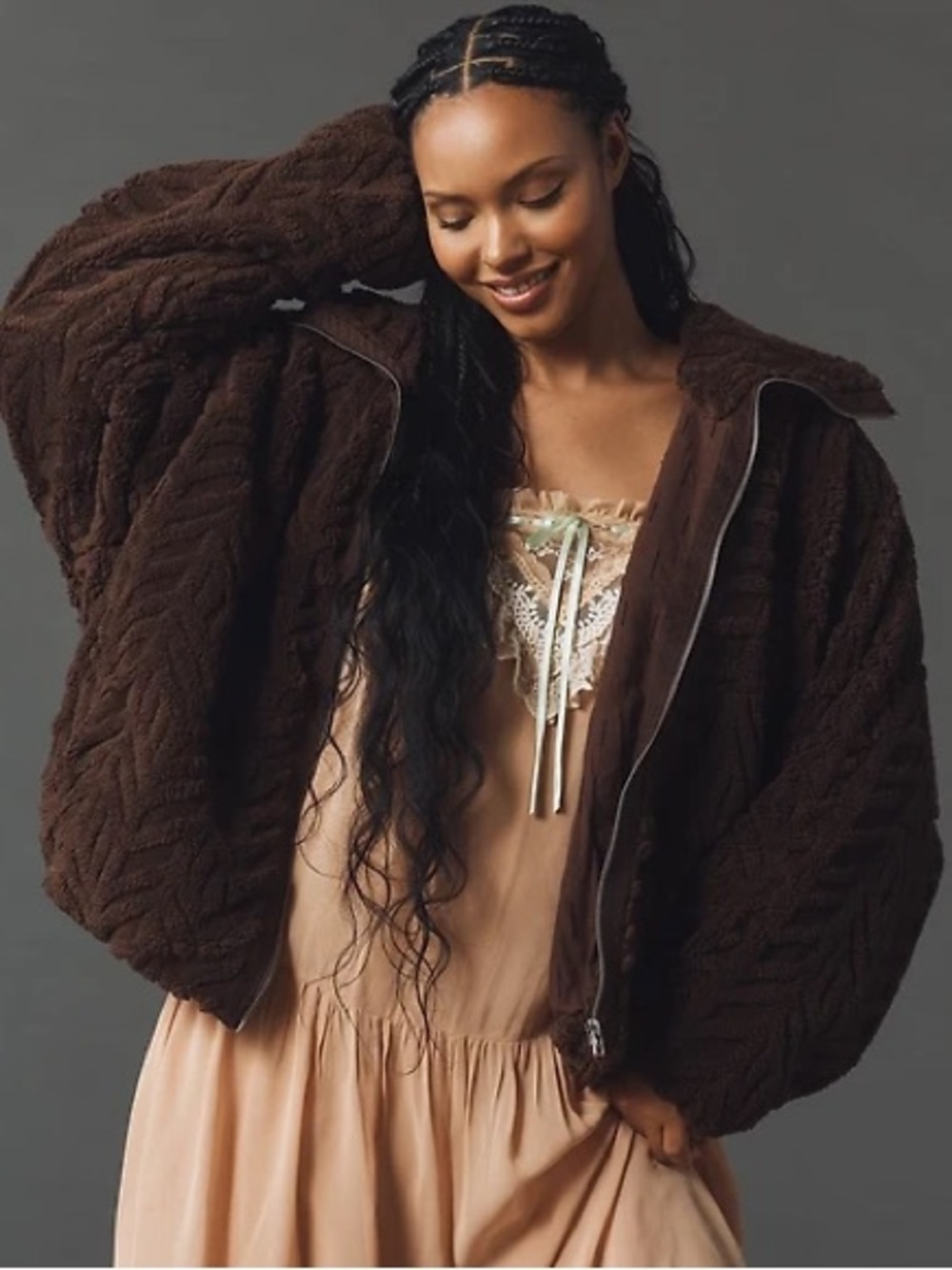Anthropologie PILCRO TEXTURED FAUX-FUR JACKET Cozy Brown Cable Knit Zip-Up